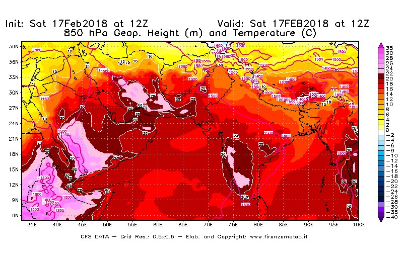 Mappa di analisi GFS - Geopotenziale [m] e Temperatura [°C] a 850 hPa in Asia Sud-Occidentale
							del 17/02/2018 12 <!--googleoff: index-->UTC<!--googleon: index-->
