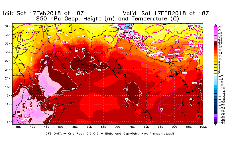 Mappa di analisi GFS - Geopotenziale [m] e Temperatura [°C] a 850 hPa in Asia Sud-Occidentale
							del 17/02/2018 18 <!--googleoff: index-->UTC<!--googleon: index-->