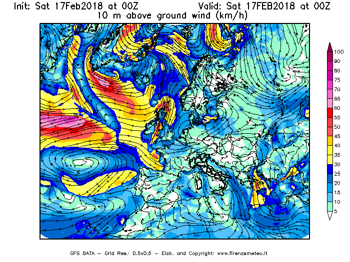 Mappa di analisi GFS - Velocità del vento a 10 metri dal suolo [km/h] in Europa
							del 17/02/2018 00 <!--googleoff: index-->UTC<!--googleon: index-->