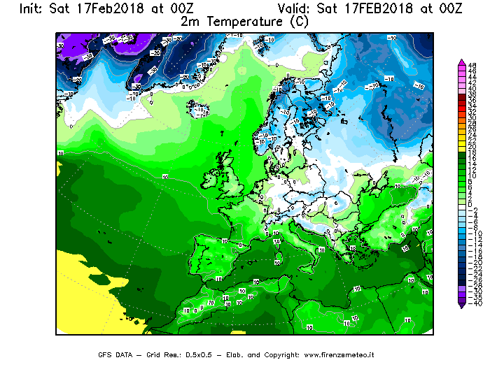 Mappa di analisi GFS - Temperatura a 2 metri dal suolo [°C] in Europa
							del 17/02/2018 00 <!--googleoff: index-->UTC<!--googleon: index-->
