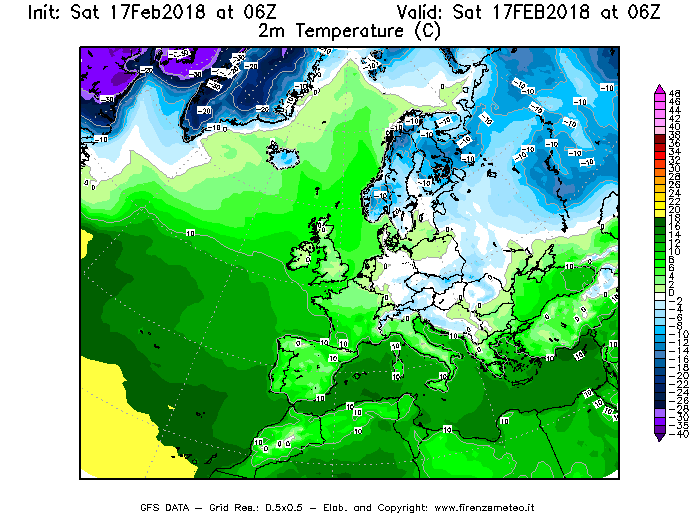 Mappa di analisi GFS - Temperatura a 2 metri dal suolo [°C] in Europa
							del 17/02/2018 06 <!--googleoff: index-->UTC<!--googleon: index-->