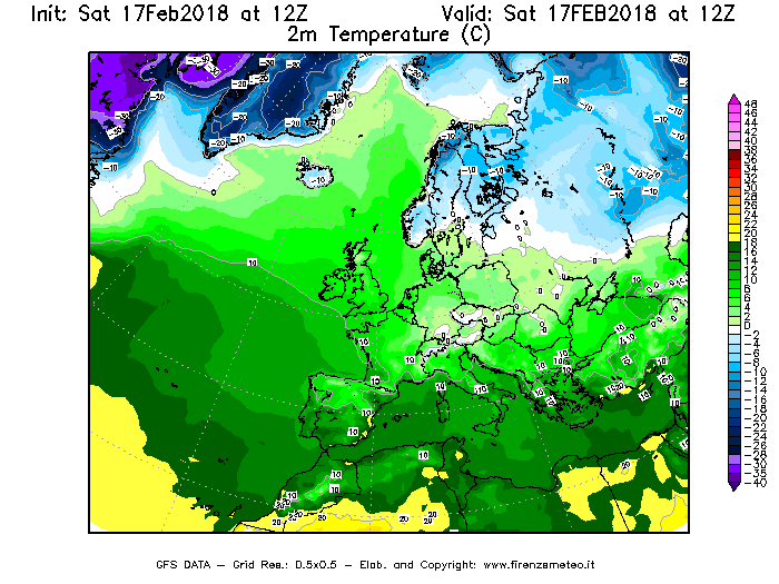 Mappa di analisi GFS - Temperatura a 2 metri dal suolo [°C] in Europa
							del 17/02/2018 12 <!--googleoff: index-->UTC<!--googleon: index-->