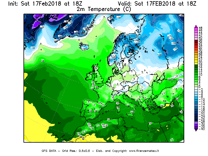 Mappa di analisi GFS - Temperatura a 2 metri dal suolo [°C] in Europa
							del 17/02/2018 18 <!--googleoff: index-->UTC<!--googleon: index-->