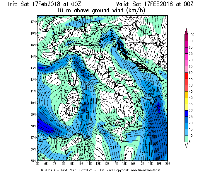 Mappa di analisi GFS - Velocità del vento a 10 metri dal suolo [km/h] in Italia
							del 17/02/2018 00 <!--googleoff: index-->UTC<!--googleon: index-->
