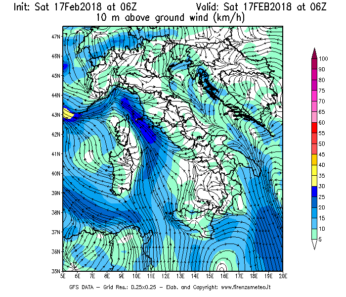 Mappa di analisi GFS - Velocità del vento a 10 metri dal suolo [km/h] in Italia
							del 17/02/2018 06 <!--googleoff: index-->UTC<!--googleon: index-->