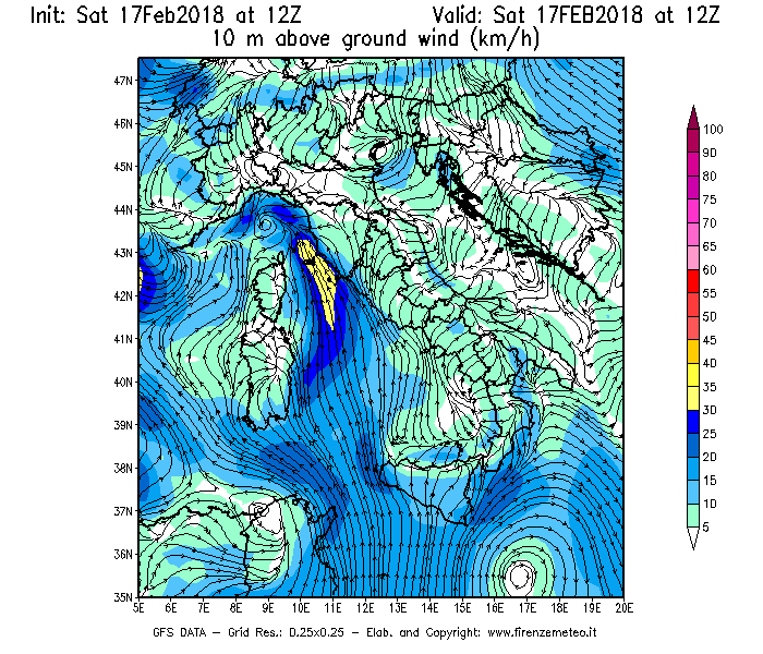 Mappa di analisi GFS - Velocità del vento a 10 metri dal suolo [km/h] in Italia
							del 17/02/2018 12 <!--googleoff: index-->UTC<!--googleon: index-->