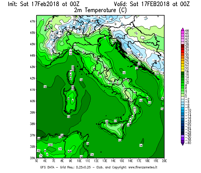 Mappa di analisi GFS - Temperatura a 2 metri dal suolo [°C] in Italia
							del 17/02/2018 00 <!--googleoff: index-->UTC<!--googleon: index-->