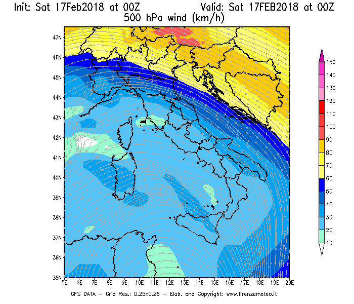 Mappa di analisi GFS - Velocità del vento a 500 hPa [km/h] in Italia
							del 17/02/2018 00 <!--googleoff: index-->UTC<!--googleon: index-->