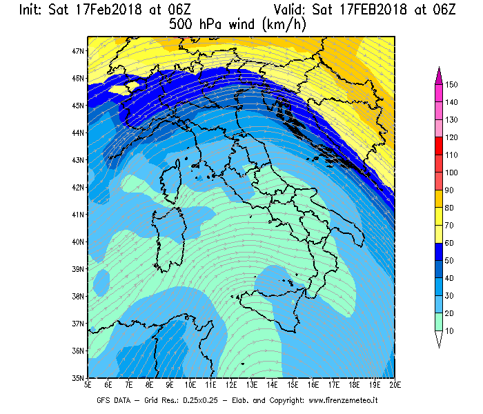 Mappa di analisi GFS - Velocità del vento a 500 hPa [km/h] in Italia
							del 17/02/2018 06 <!--googleoff: index-->UTC<!--googleon: index-->