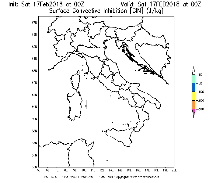 Mappa di analisi GFS - CIN [J/kg] in Italia
							del 17/02/2018 00 <!--googleoff: index-->UTC<!--googleon: index-->