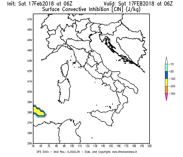 Mappa di analisi GFS - CIN [J/kg] in Italia
							del 17/02/2018 06 <!--googleoff: index-->UTC<!--googleon: index-->