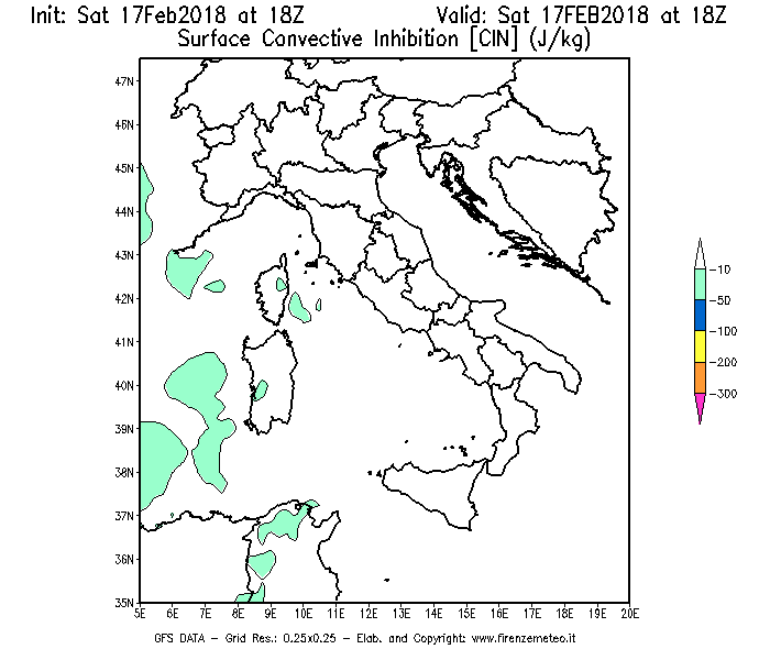 Mappa di analisi GFS - CIN [J/kg] in Italia
							del 17/02/2018 18 <!--googleoff: index-->UTC<!--googleon: index-->