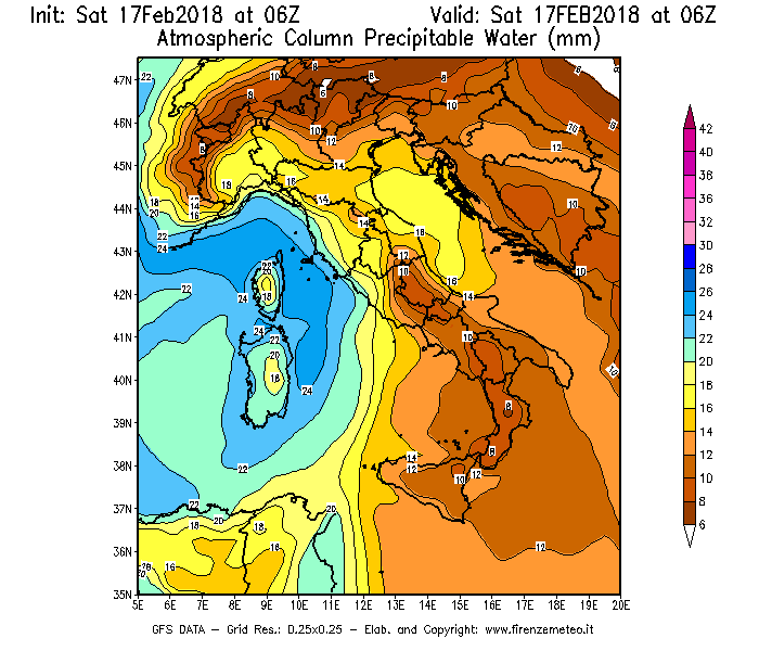 Mappa di analisi GFS - Precipitable Water [mm] in Italia
							del 17/02/2018 06 <!--googleoff: index-->UTC<!--googleon: index-->