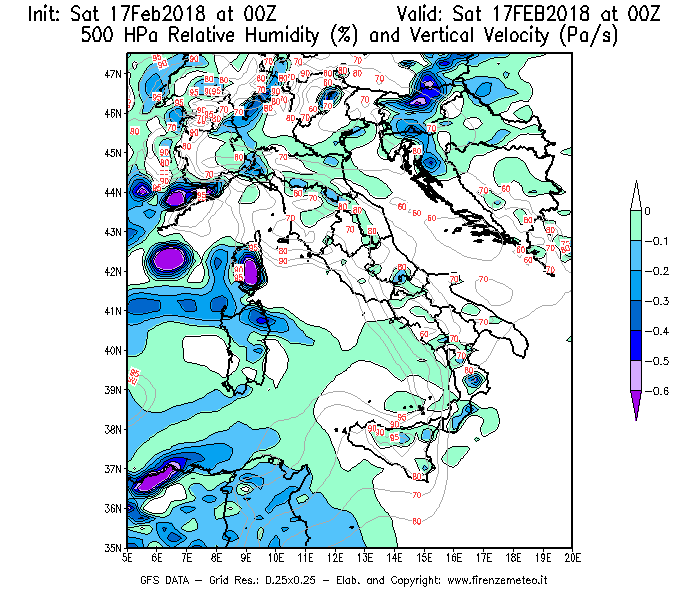 Mappa di analisi GFS - Umidità relativa [%] e Omega [Pa/s] a 500 hPa in Italia
							del 17/02/2018 00 <!--googleoff: index-->UTC<!--googleon: index-->