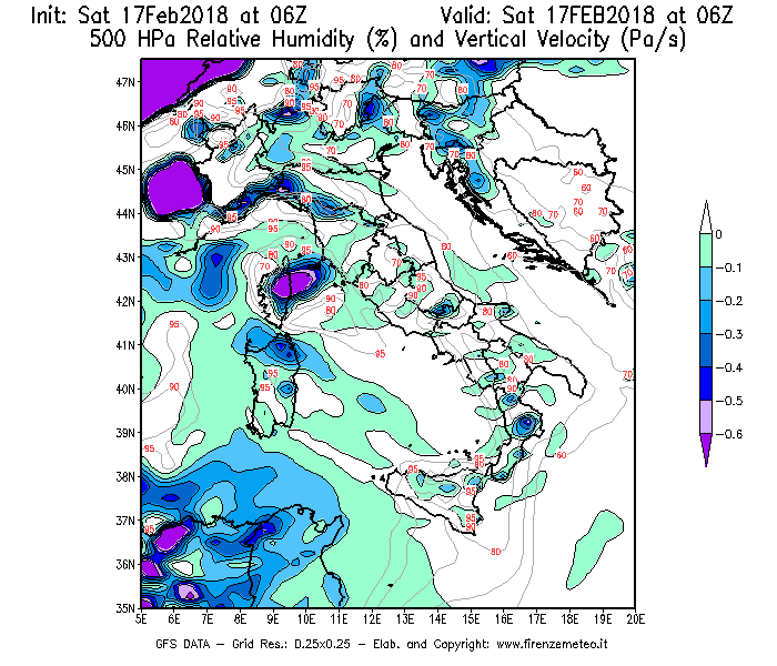 Mappa di analisi GFS - Umidità relativa [%] e Omega [Pa/s] a 500 hPa in Italia
							del 17/02/2018 06 <!--googleoff: index-->UTC<!--googleon: index-->