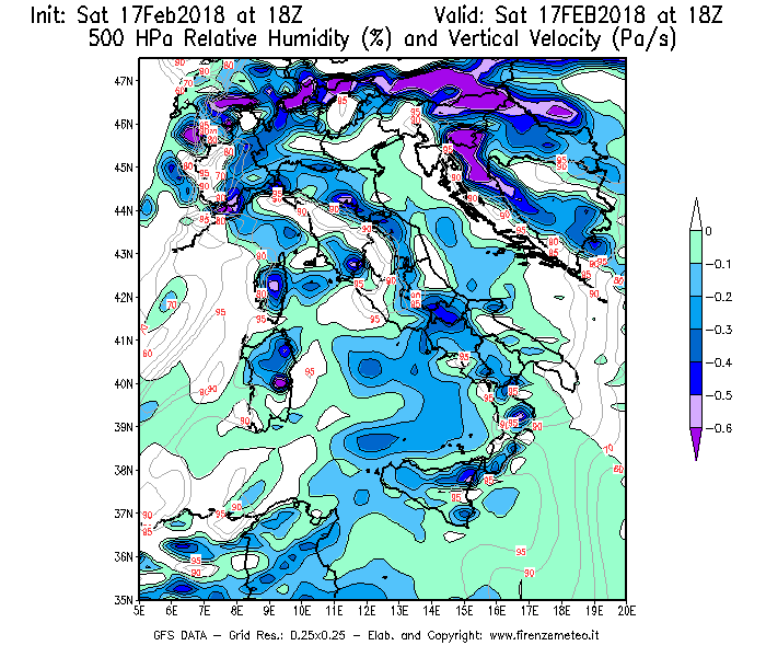 Mappa di analisi GFS - Umidità relativa [%] e Omega [Pa/s] a 500 hPa in Italia
							del 17/02/2018 18 <!--googleoff: index-->UTC<!--googleon: index-->