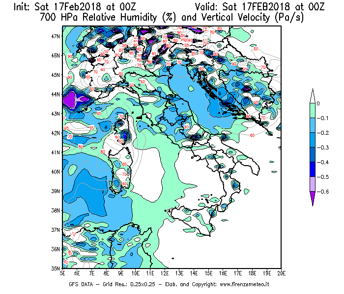 Mappa di analisi GFS - Umidità relativa [%] e Omega [Pa/s] a 700 hPa in Italia
							del 17/02/2018 00 <!--googleoff: index-->UTC<!--googleon: index-->