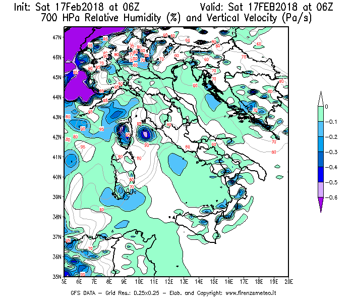 Mappa di analisi GFS - Umidità relativa [%] e Omega [Pa/s] a 700 hPa in Italia
							del 17/02/2018 06 <!--googleoff: index-->UTC<!--googleon: index-->