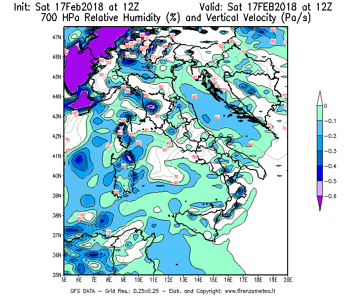 Mappa di analisi GFS - Umidità relativa [%] e Omega [Pa/s] a 700 hPa in Italia
							del 17/02/2018 12 <!--googleoff: index-->UTC<!--googleon: index-->