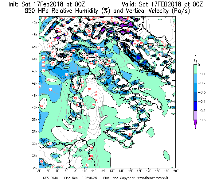 Mappa di analisi GFS - Umidità relativa [%] e Omega [Pa/s] a 850 hPa in Italia
							del 17/02/2018 00 <!--googleoff: index-->UTC<!--googleon: index-->