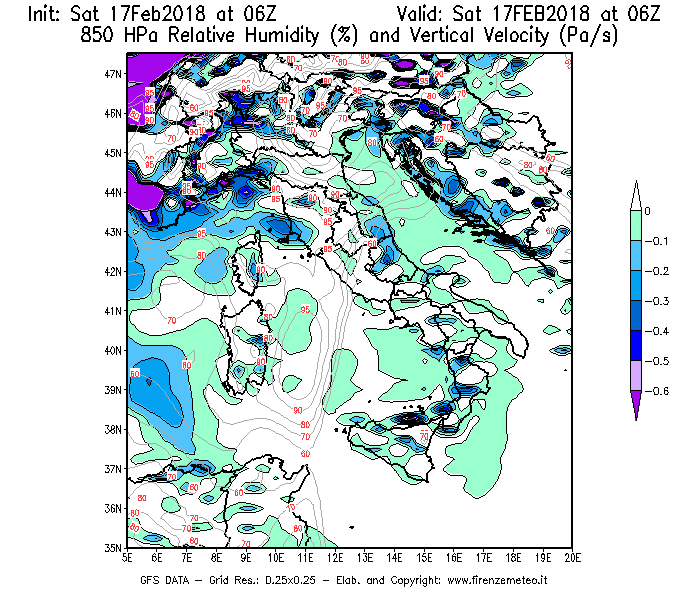 Mappa di analisi GFS - Umidità relativa [%] e Omega [Pa/s] a 850 hPa in Italia
							del 17/02/2018 06 <!--googleoff: index-->UTC<!--googleon: index-->