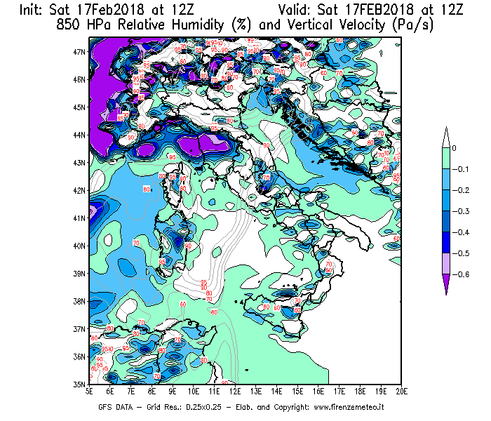 Mappa di analisi GFS - Umidità relativa [%] e Omega [Pa/s] a 850 hPa in Italia
							del 17/02/2018 12 <!--googleoff: index-->UTC<!--googleon: index-->