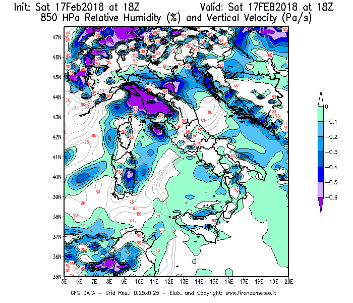 Mappa di analisi GFS - Umidità relativa [%] e Omega [Pa/s] a 850 hPa in Italia
							del 17/02/2018 18 <!--googleoff: index-->UTC<!--googleon: index-->