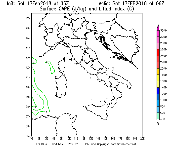 Mappa di analisi GFS - CAPE [J/kg] e Lifted Index [°C] in Italia
							del 17/02/2018 06 <!--googleoff: index-->UTC<!--googleon: index-->