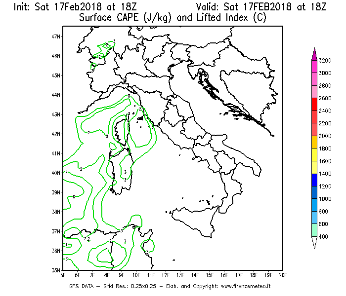 Mappa di analisi GFS - CAPE [J/kg] e Lifted Index [°C] in Italia
							del 17/02/2018 18 <!--googleoff: index-->UTC<!--googleon: index-->