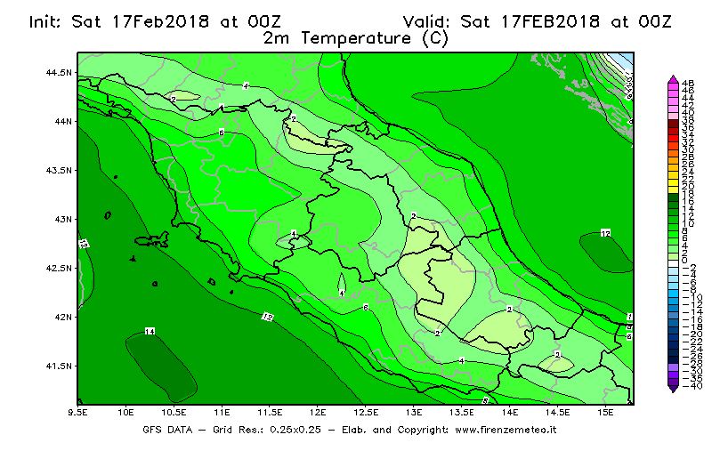 Mappa di analisi GFS - Temperatura a 2 metri dal suolo [°C] in Centro-Italia
							del 17/02/2018 00 <!--googleoff: index-->UTC<!--googleon: index-->