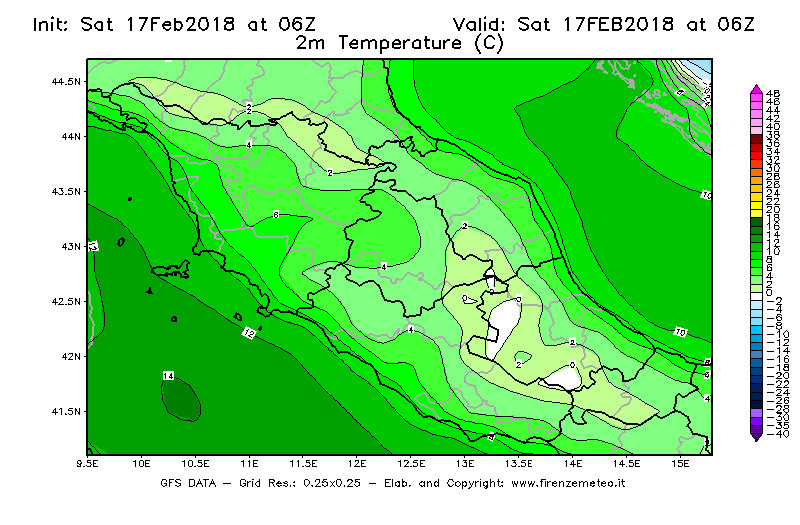 Mappa di analisi GFS - Temperatura a 2 metri dal suolo [°C] in Centro-Italia
							del 17/02/2018 06 <!--googleoff: index-->UTC<!--googleon: index-->