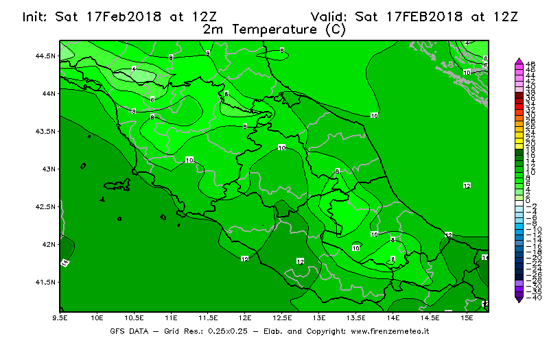 Mappa di analisi GFS - Temperatura a 2 metri dal suolo [°C] in Centro-Italia
							del 17/02/2018 12 <!--googleoff: index-->UTC<!--googleon: index-->