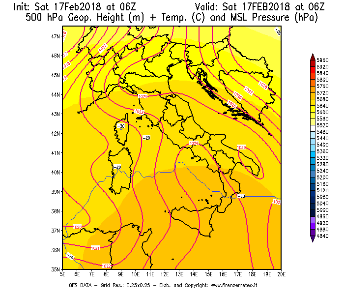 Mappa di analisi GFS - Geopotenziale [m] + Temp. [°C] a 500 hPa + Press. a livello del mare [hPa] in Italia
							del 17/02/2018 06 <!--googleoff: index-->UTC<!--googleon: index-->