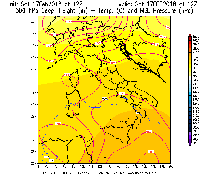 Mappa di analisi GFS - Geopotenziale [m] + Temp. [°C] a 500 hPa + Press. a livello del mare [hPa] in Italia
							del 17/02/2018 12 <!--googleoff: index-->UTC<!--googleon: index-->
