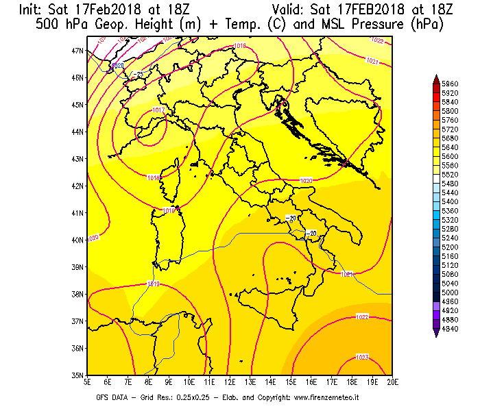 Mappa di analisi GFS - Geopotenziale [m] + Temp. [°C] a 500 hPa + Press. a livello del mare [hPa] in Italia
							del 17/02/2018 18 <!--googleoff: index-->UTC<!--googleon: index-->