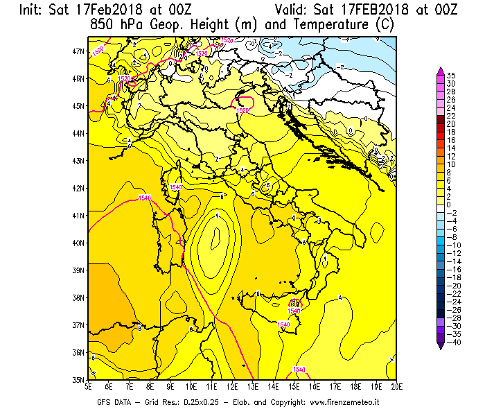 Mappa di analisi GFS - Geopotenziale [m] e Temperatura [°C] a 850 hPa in Italia
							del 17/02/2018 00 <!--googleoff: index-->UTC<!--googleon: index-->