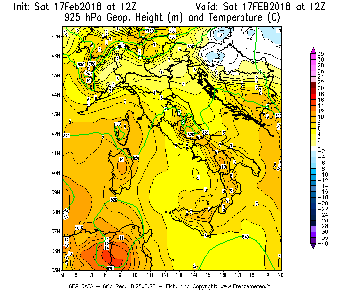 Mappa di analisi GFS - Geopotenziale [m] e Temperatura [°C] a 925 hPa in Italia
							del 17/02/2018 12 <!--googleoff: index-->UTC<!--googleon: index-->