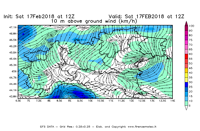 Mappa di analisi GFS - Velocità del vento a 10 metri dal suolo [km/h] in Nord-Italia
							del 17/02/2018 12 <!--googleoff: index-->UTC<!--googleon: index-->
