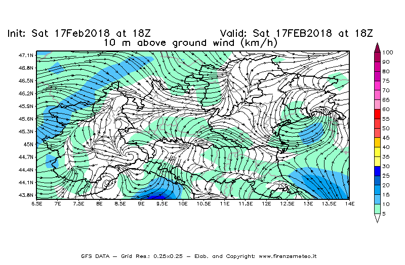 Mappa di analisi GFS - Velocità del vento a 10 metri dal suolo [km/h] in Nord-Italia
							del 17/02/2018 18 <!--googleoff: index-->UTC<!--googleon: index-->