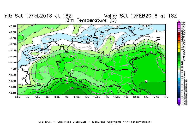 Mappa di analisi GFS - Temperatura a 2 metri dal suolo [°C] in Nord-Italia
							del 17/02/2018 18 <!--googleoff: index-->UTC<!--googleon: index-->