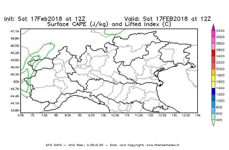 Mappa di analisi GFS - CAPE [J/kg] e Lifted Index [°C] in Nord-Italia
							del 17/02/2018 12 <!--googleoff: index-->UTC<!--googleon: index-->