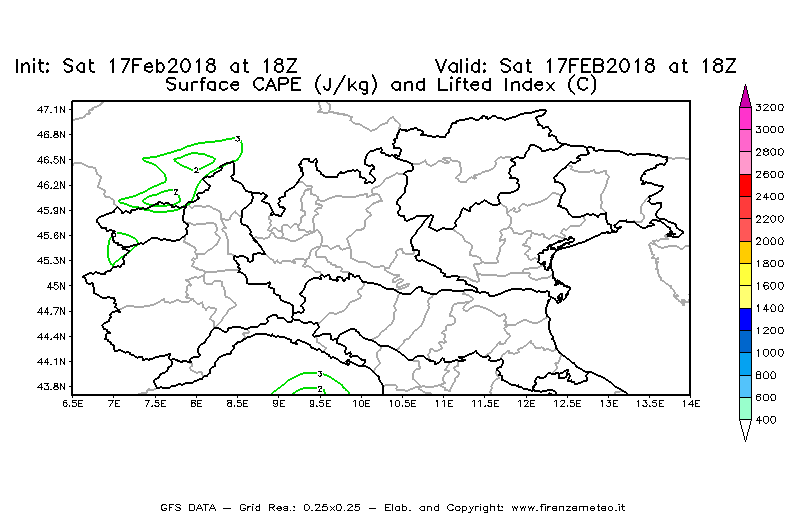 Mappa di analisi GFS - CAPE [J/kg] e Lifted Index [°C] in Nord-Italia
							del 17/02/2018 18 <!--googleoff: index-->UTC<!--googleon: index-->