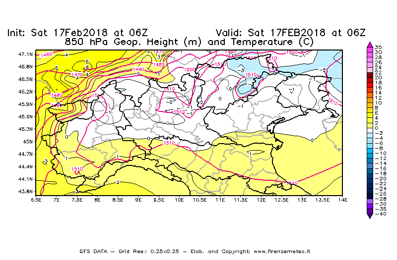 Mappa di analisi GFS - Geopotenziale [m] e Temperatura [°C] a 850 hPa in Nord-Italia
							del 17/02/2018 06 <!--googleoff: index-->UTC<!--googleon: index-->