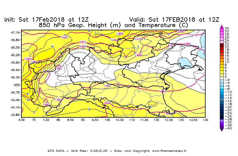 Mappa di analisi GFS - Geopotenziale [m] e Temperatura [°C] a 850 hPa in Nord-Italia
							del 17/02/2018 12 <!--googleoff: index-->UTC<!--googleon: index-->