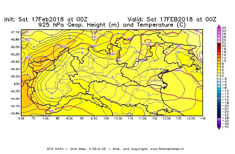 Mappa di analisi GFS - Geopotenziale [m] e Temperatura [°C] a 925 hPa in Nord-Italia
							del 17/02/2018 00 <!--googleoff: index-->UTC<!--googleon: index-->