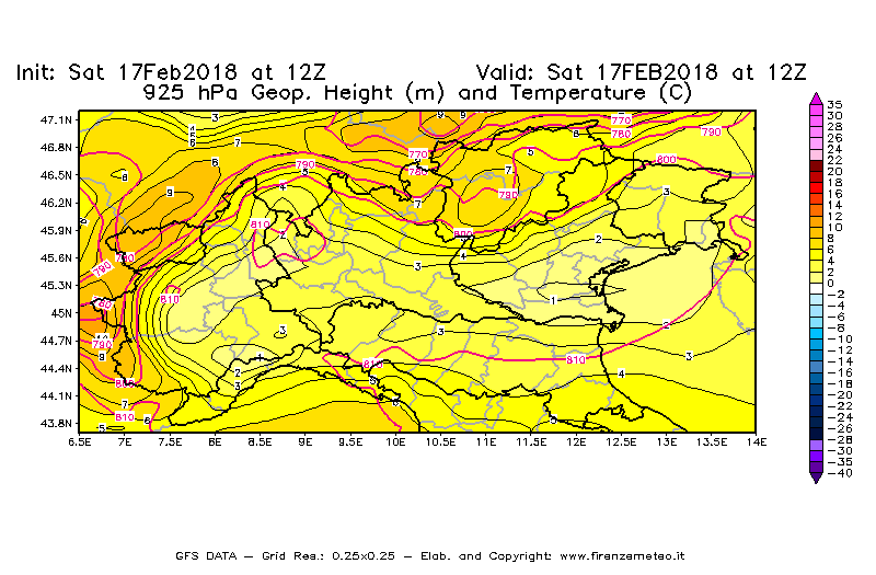 Mappa di analisi GFS - Geopotenziale [m] e Temperatura [°C] a 925 hPa in Nord-Italia
							del 17/02/2018 12 <!--googleoff: index-->UTC<!--googleon: index-->