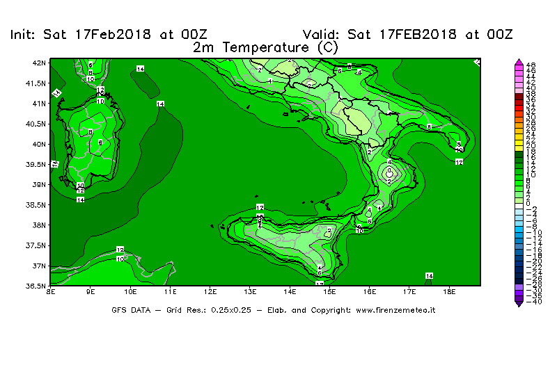 Mappa di analisi GFS - Temperatura a 2 metri dal suolo [°C] in Sud-Italia
							del 17/02/2018 00 <!--googleoff: index-->UTC<!--googleon: index-->