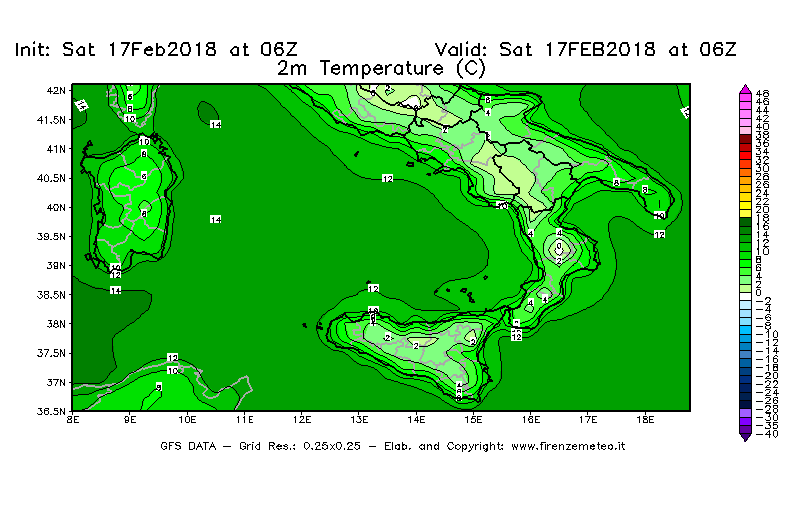 Mappa di analisi GFS - Temperatura a 2 metri dal suolo [°C] in Sud-Italia
							del 17/02/2018 06 <!--googleoff: index-->UTC<!--googleon: index-->