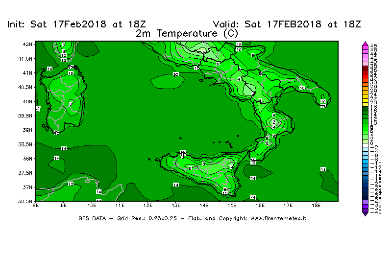 Mappa di analisi GFS - Temperatura a 2 metri dal suolo [°C] in Sud-Italia
							del 17/02/2018 18 <!--googleoff: index-->UTC<!--googleon: index-->