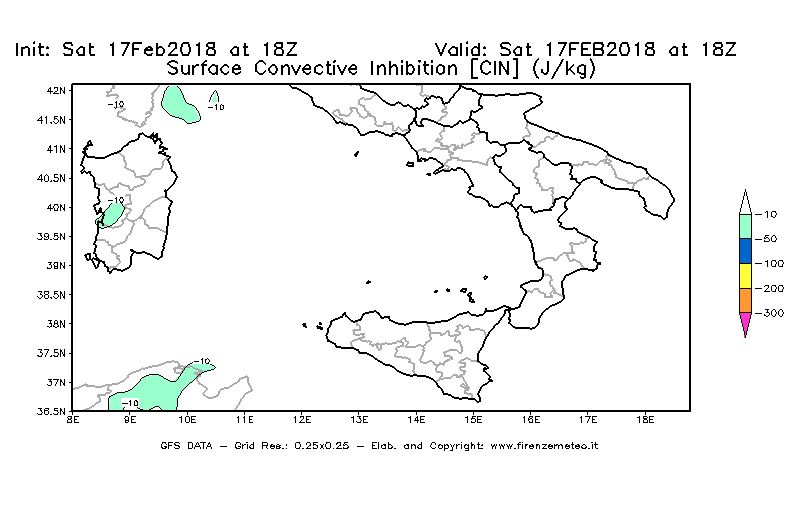 Mappa di analisi GFS - CIN [J/kg] in Sud-Italia
							del 17/02/2018 18 <!--googleoff: index-->UTC<!--googleon: index-->